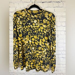LOGO Blue Yellow White Abstract Printed Long Ruched Sleeve Casual Mesh Top